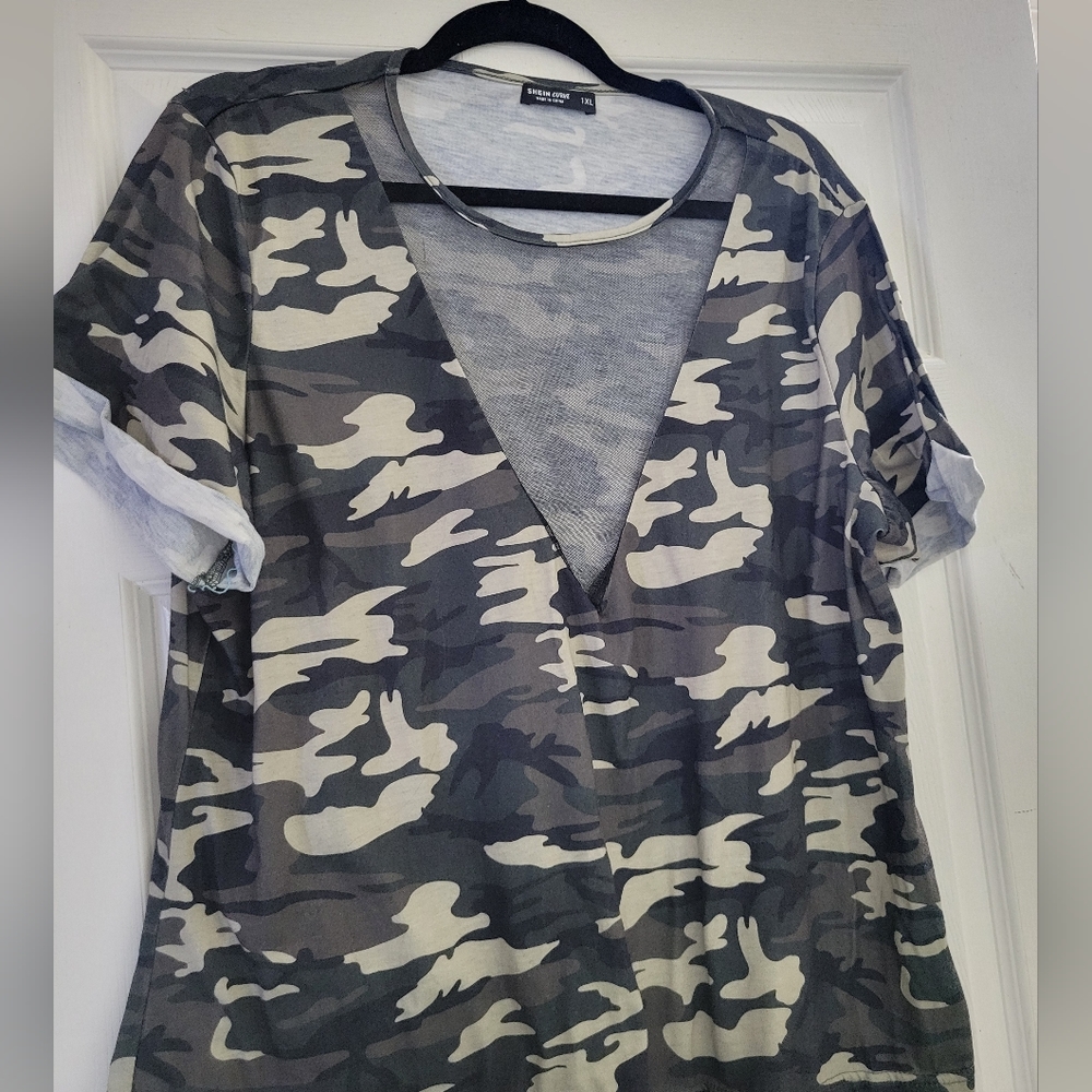Green Camo short sleeve shein curve t-shirt with chest sheer cut out size 1x